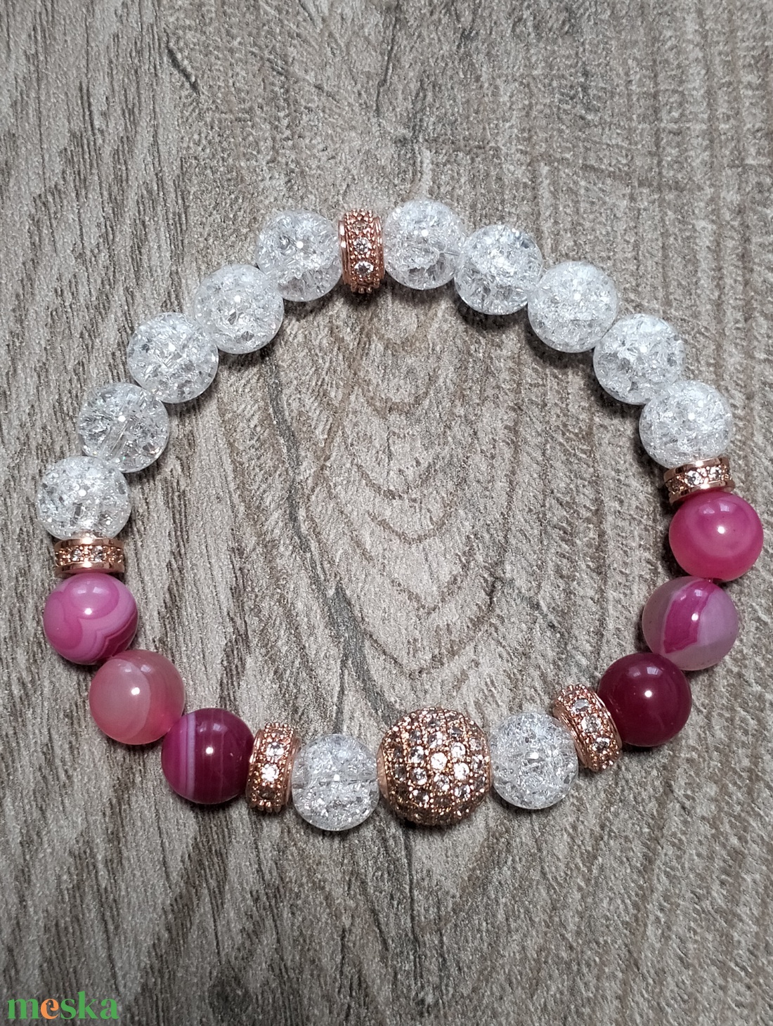 Női Ásványkarkötő - Pink achát + Roppantott hegyikristály - ékszer - karkötő - ásványkarkötő - Meska.hu