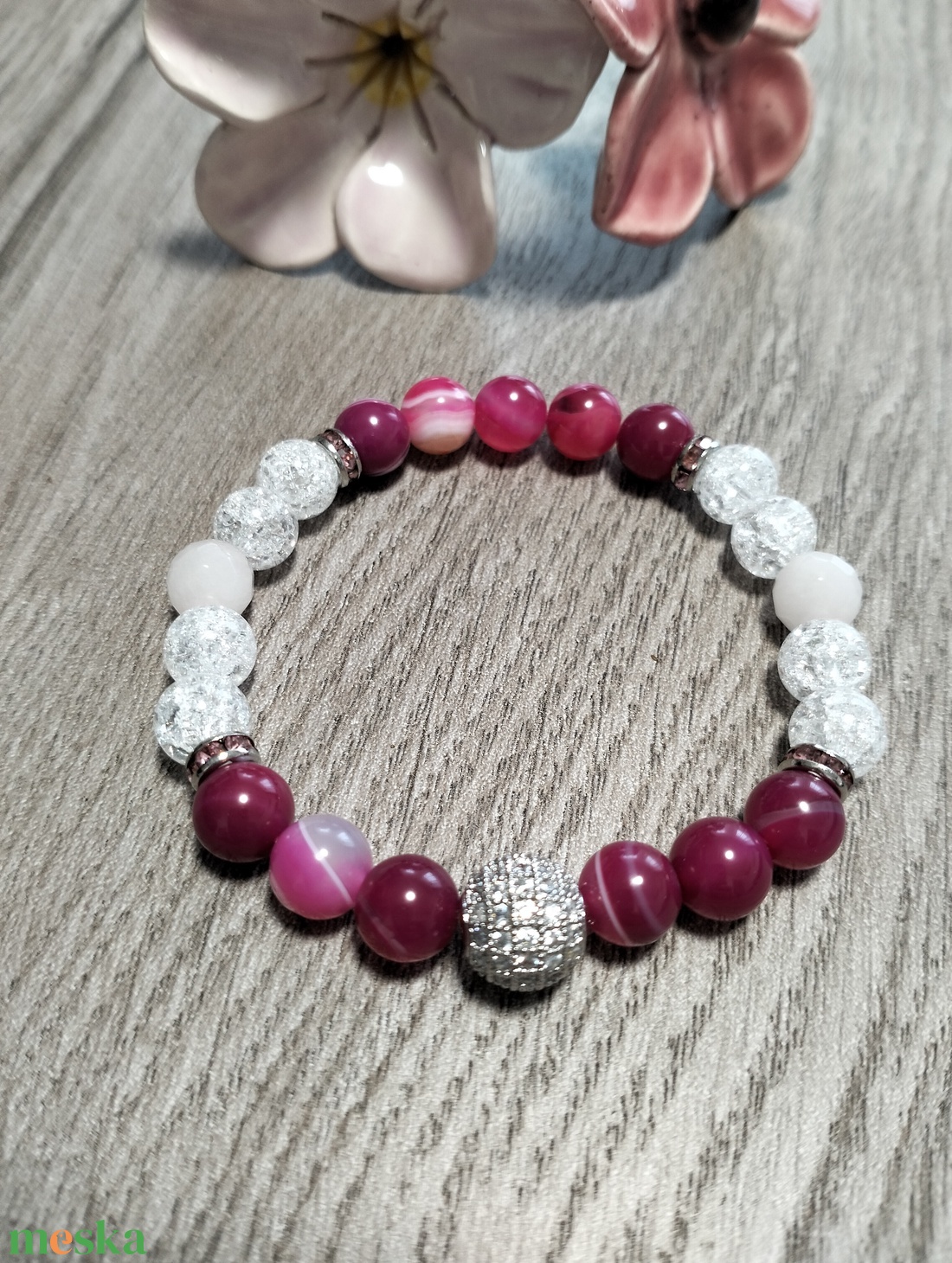 Női Ásványkarkötő - Pink achát + Rózsakvarc + Roppantott hegyikristály - ékszer - karkötő - ásványkarkötő - Meska.hu