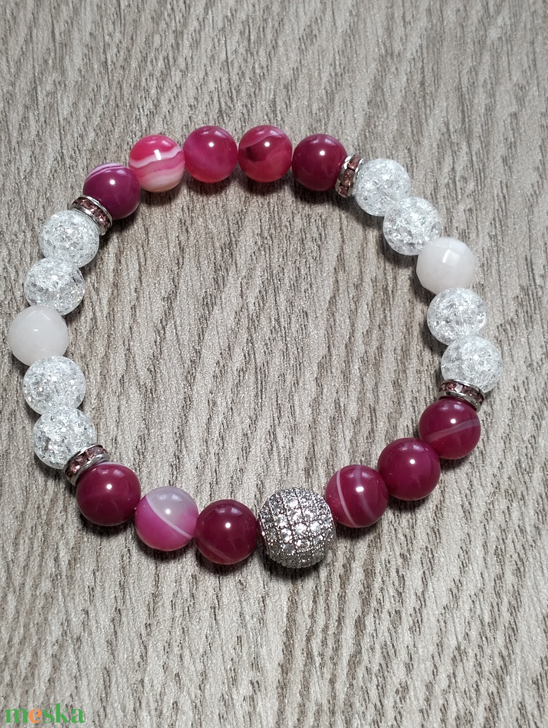 Női Ásványkarkötő - Pink achát + Rózsakvarc + Roppantott hegyikristály - ékszer - karkötő - ásványkarkötő - Meska.hu