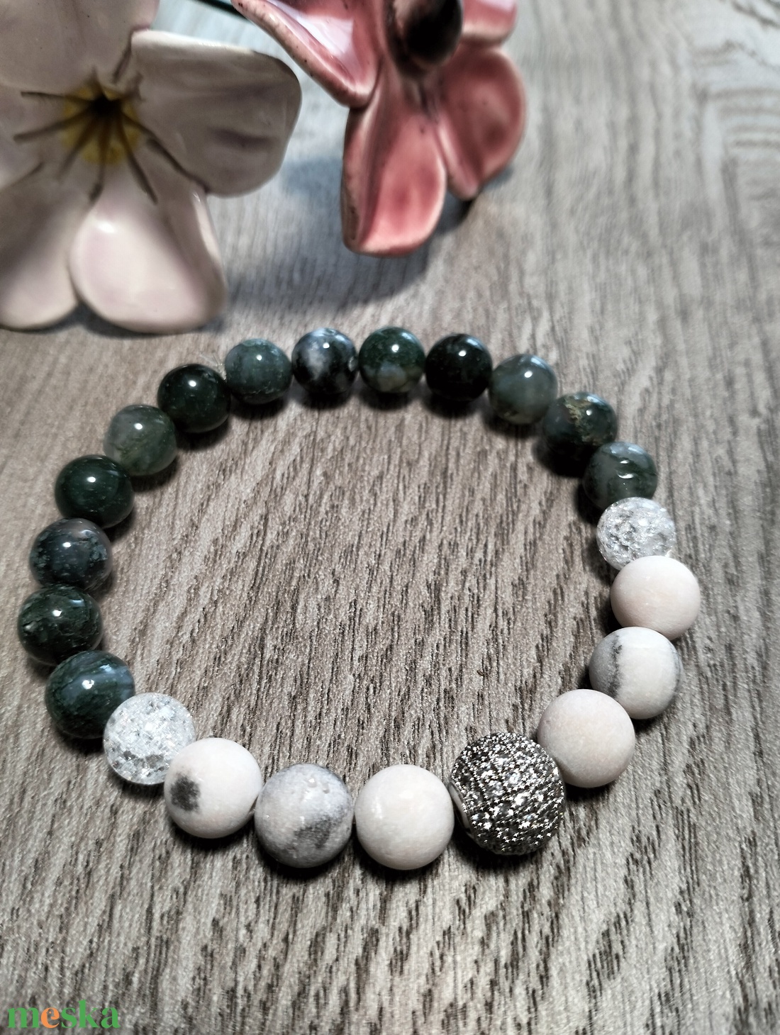 Női Ásványkarkötő - Roppantott hegyikristály + Zebrapink jáspis + Mochaachát - ékszer - karkötő - ásványkarkötő - Meska.hu