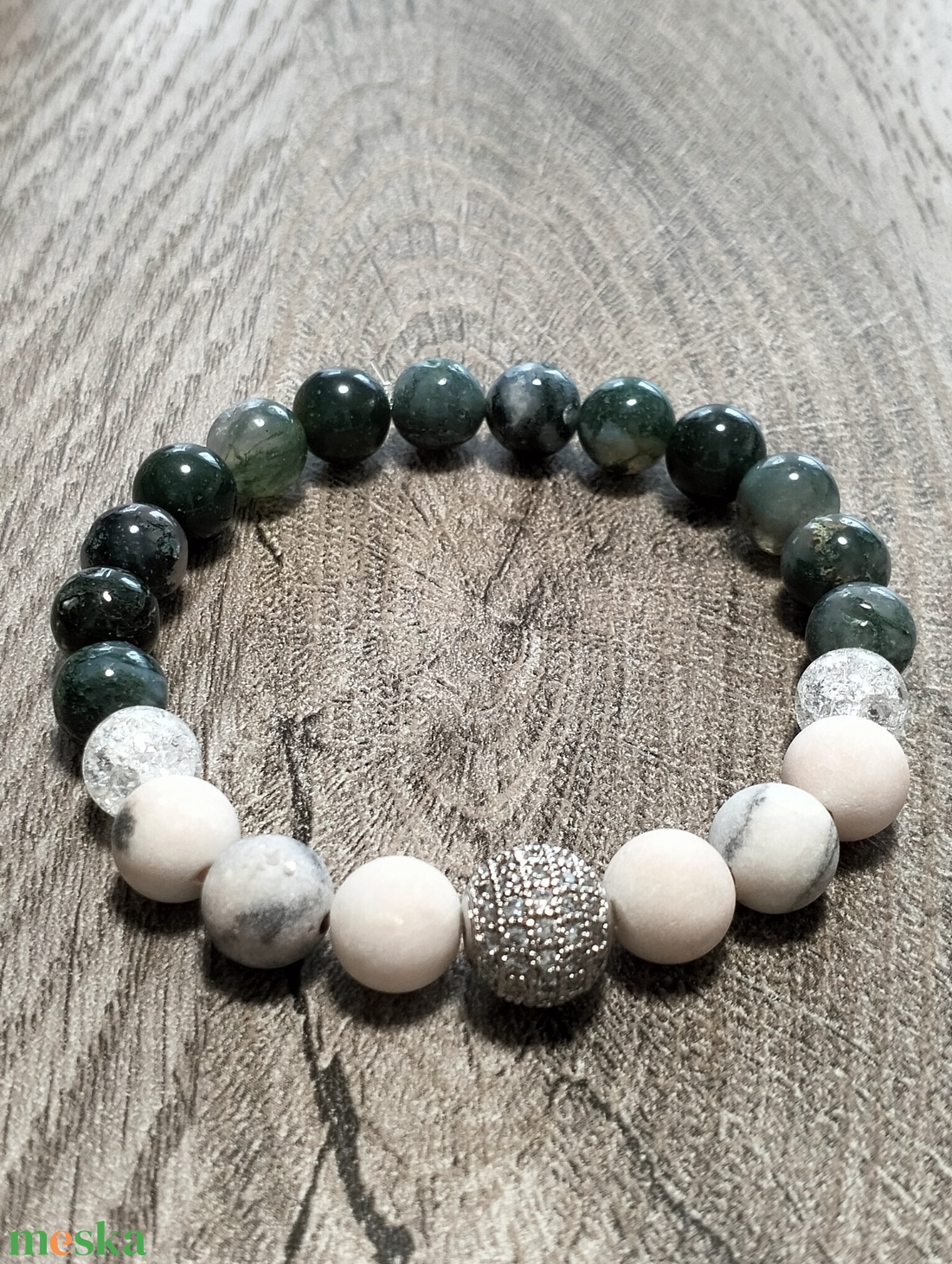 Női Ásványkarkötő - Roppantott hegyikristály + Zebrapink jáspis + Mochaachát - ékszer - karkötő - ásványkarkötő - Meska.hu