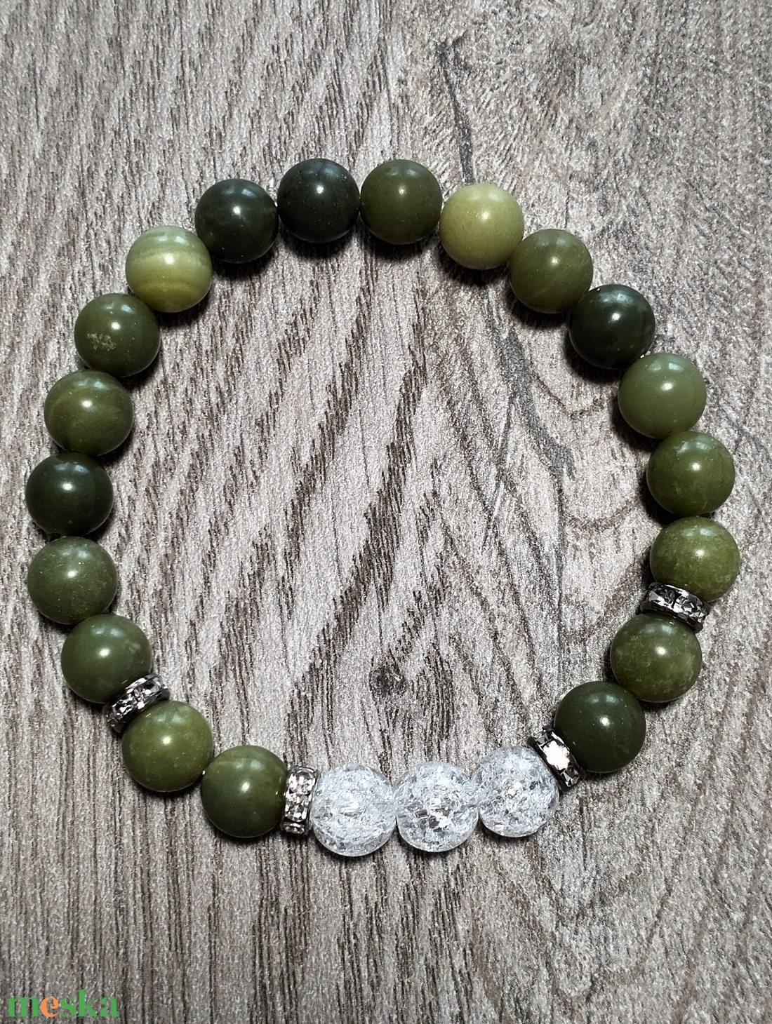 Női Ásványkarkötő - Roppantott hegyikristály + Jáde - ékszer - karkötő - ásványkarkötő - Meska.hu