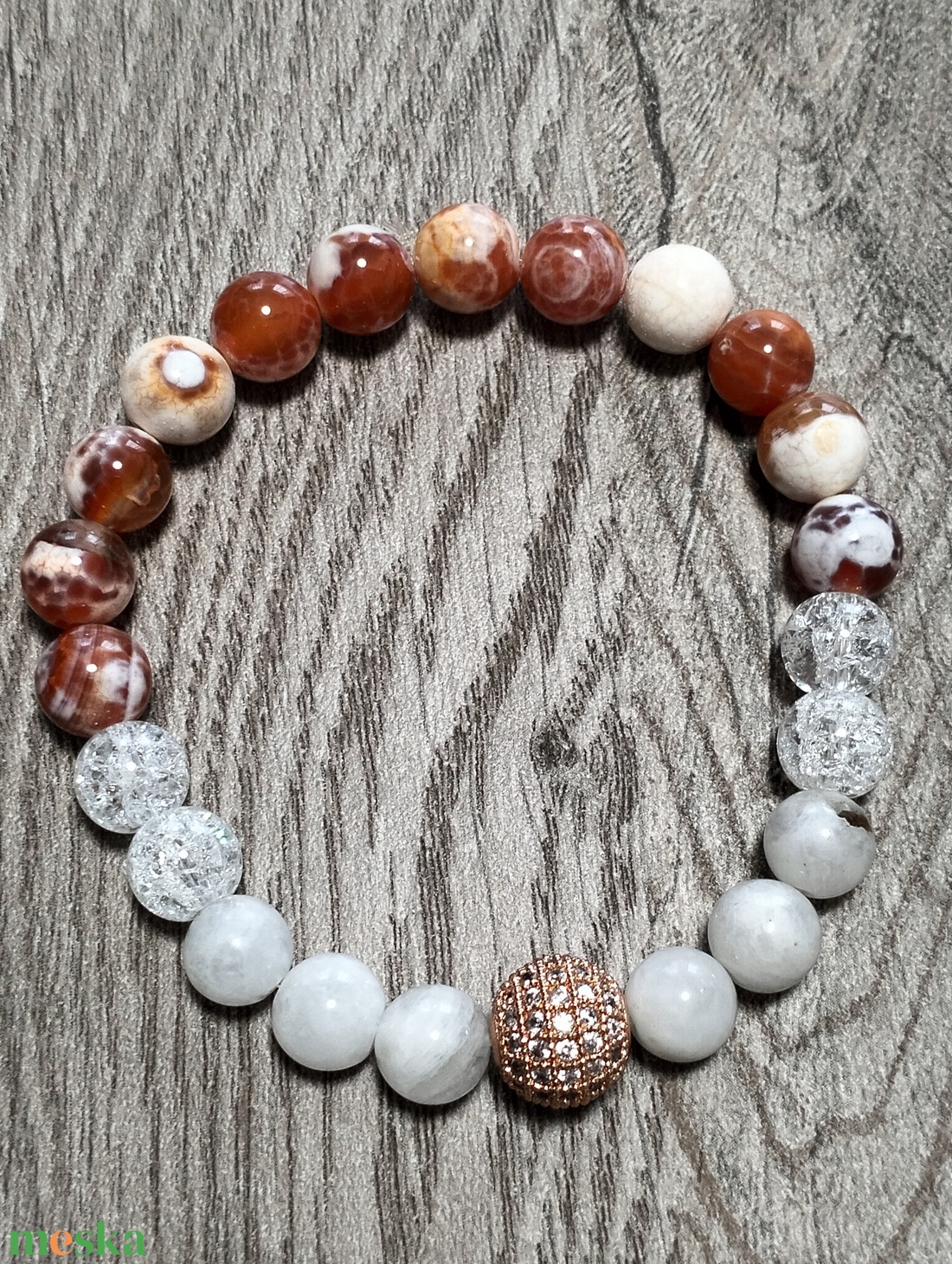 Női Ásványkarkötő - Roppantott hegyikristály + Fehér holdkő + Tűzachát - ékszer - karkötő - ásványkarkötő - Meska.hu