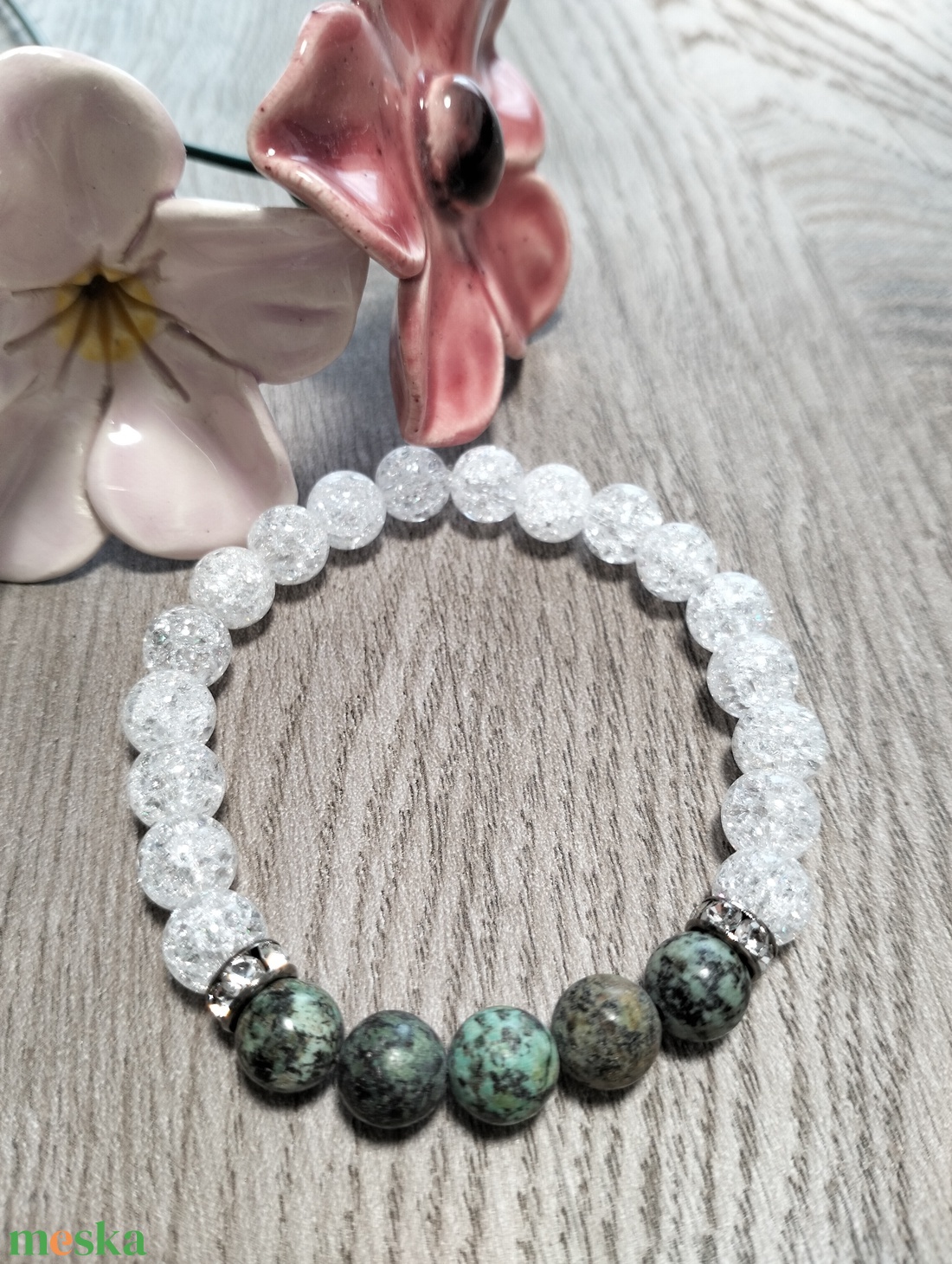 Női Ásványkarkötő - Roppantott hegyikristály + Afrikai türkiz - ékszer - karkötő - ásványkarkötő - Meska.hu