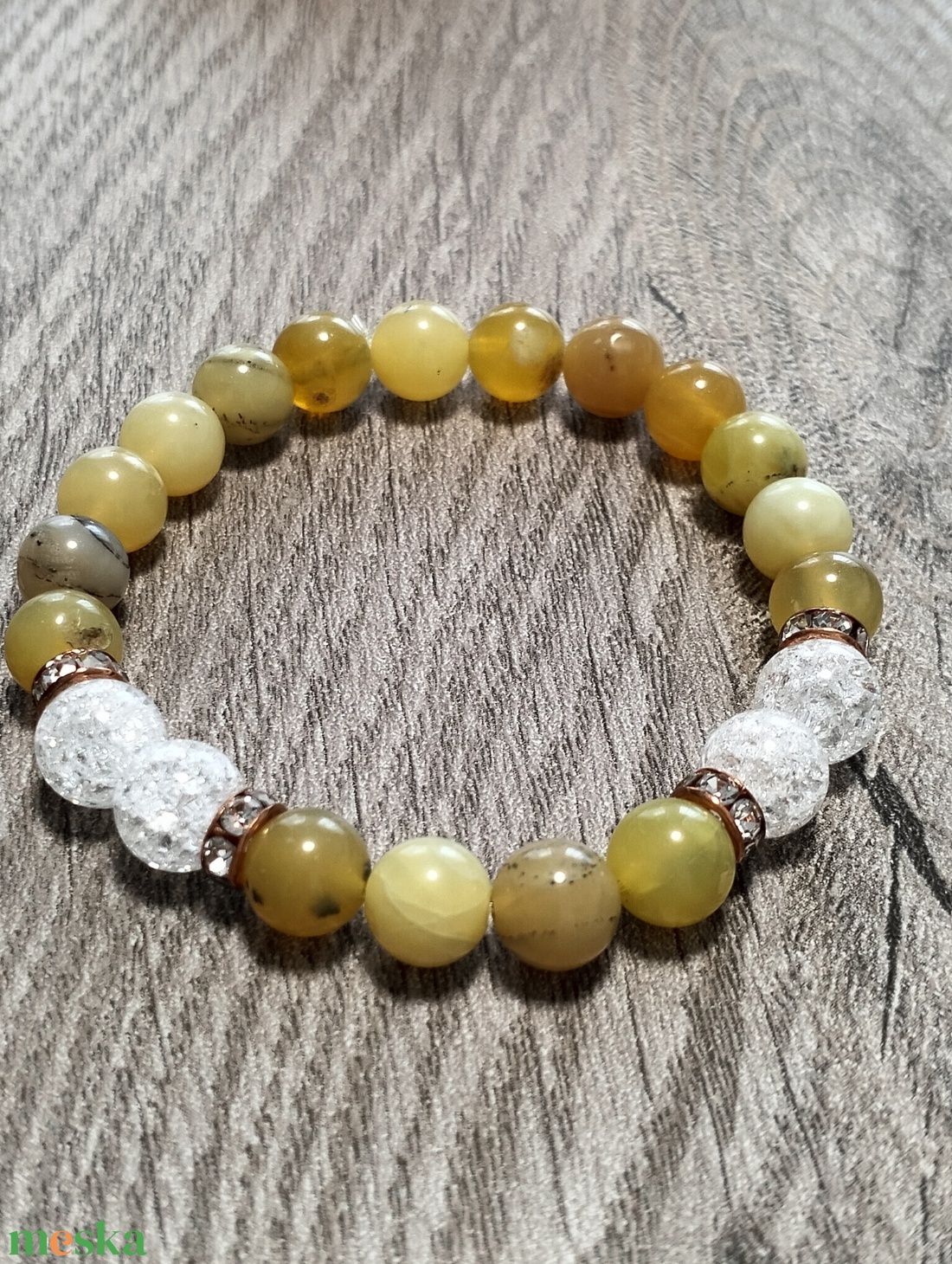 Női Ásványkarkötő - Mézopál + Roppantott hegyikristály - ékszer - karkötő - ásványkarkötő - Meska.hu