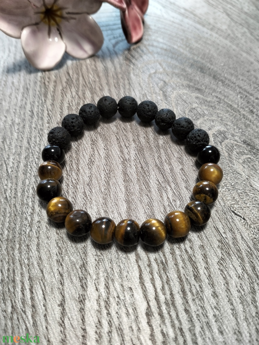 Férfi Ásványkarkötő - Tigrisszem + Ónix + Fekete lávakő - ékszer - karkötő - ásványkarkötő - Meska.hu
