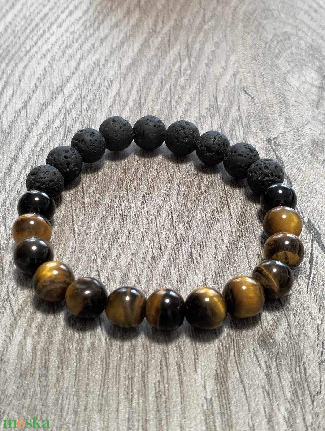 Férfi Ásványkarkötő - Tigrisszem + Ónix + Fekete lávakő - ékszer - karkötő - ásványkarkötő - Meska.hu