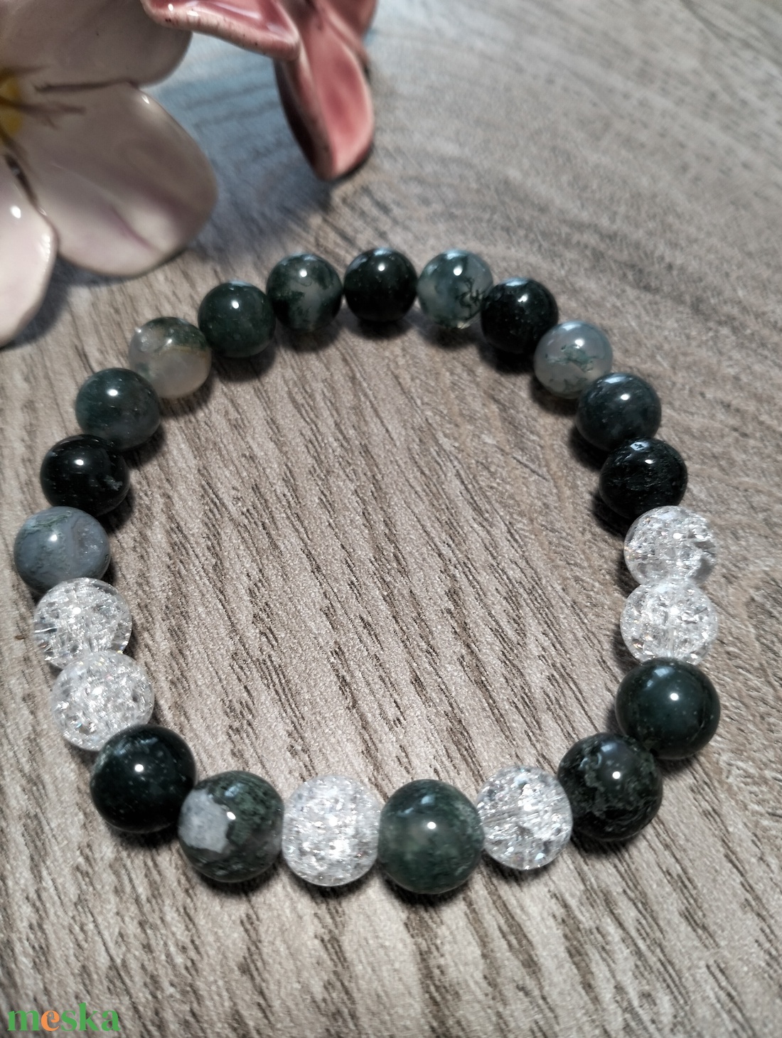 Női Ásványkarkötő - Roppantott hegyikristály + Mohaachát - ékszer - karkötő - ásványkarkötő - Meska.hu