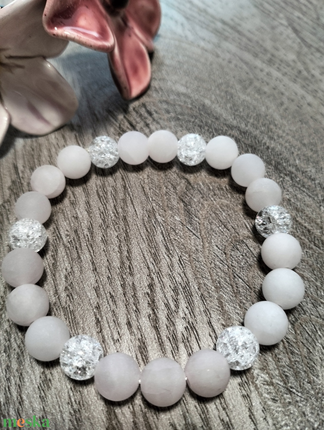 Női Ásványkarkötő - Rózsakvarc + Roppantott hegyikristály - ékszer - karkötő - ásványkarkötő - Meska.hu
