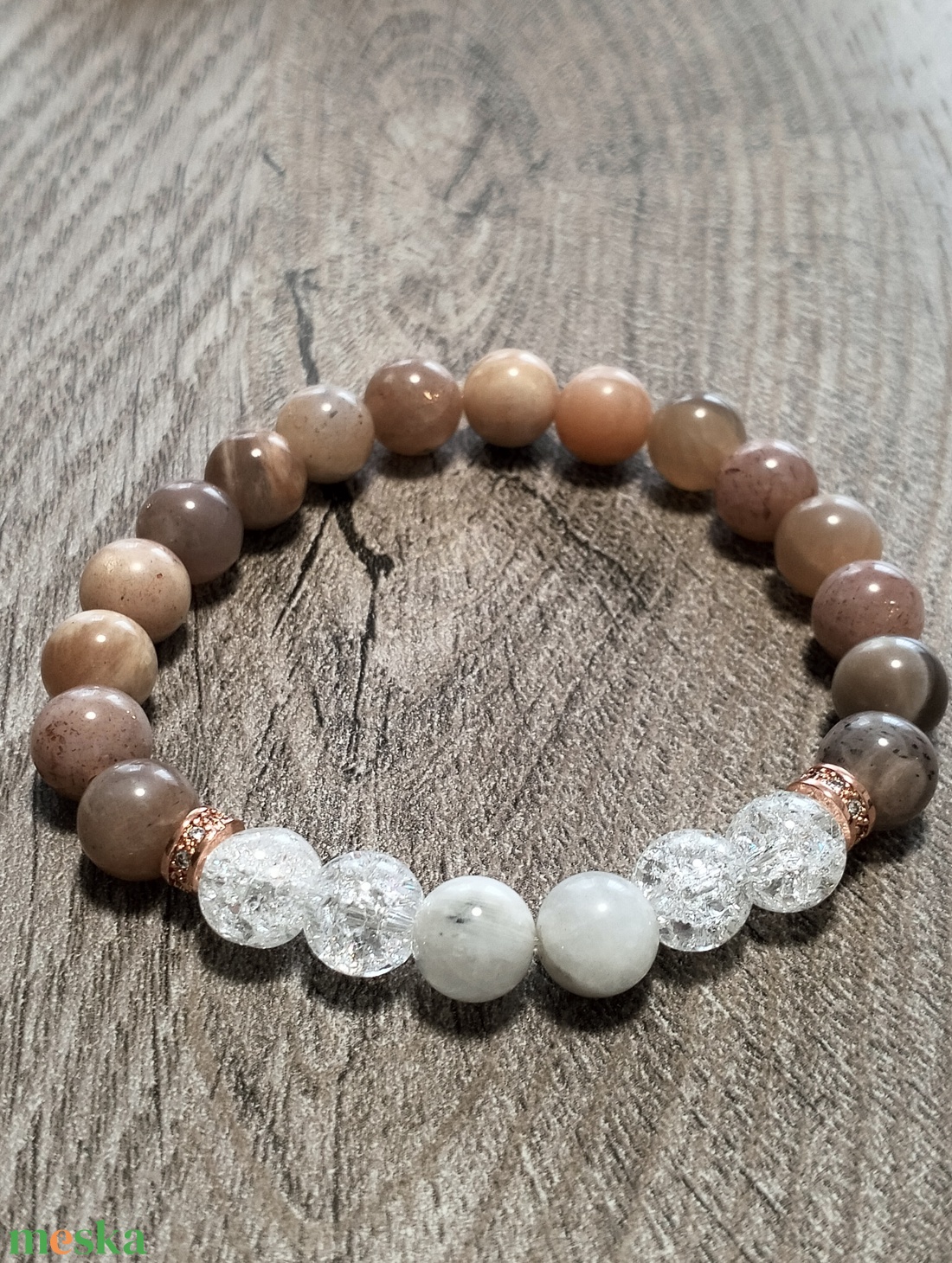Női Ásványkarkötő - Roppantott hegyikristály + Fehér holdkő + Barna holdkő - ékszer - karkötő - ásványkarkötő - Meska.hu