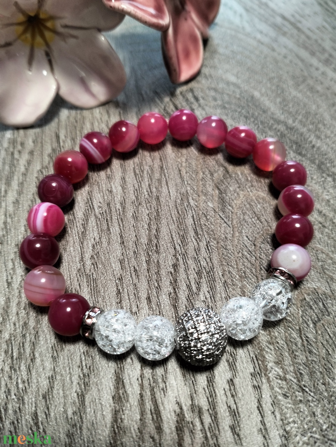 Női Ásványkarkötő - Roppantott hegyikristály + Pink achát - ékszer - karkötő - ásványkarkötő - Meska.hu