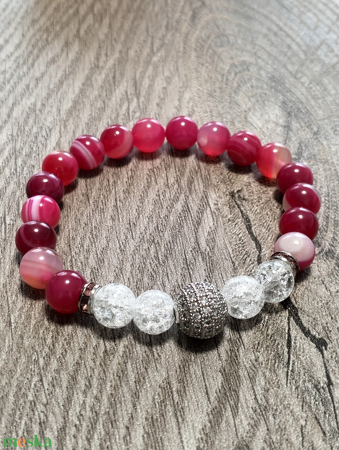 Női Ásványkarkötő - Roppantott hegyikristály + Pink achát - ékszer - karkötő - ásványkarkötő - Meska.hu