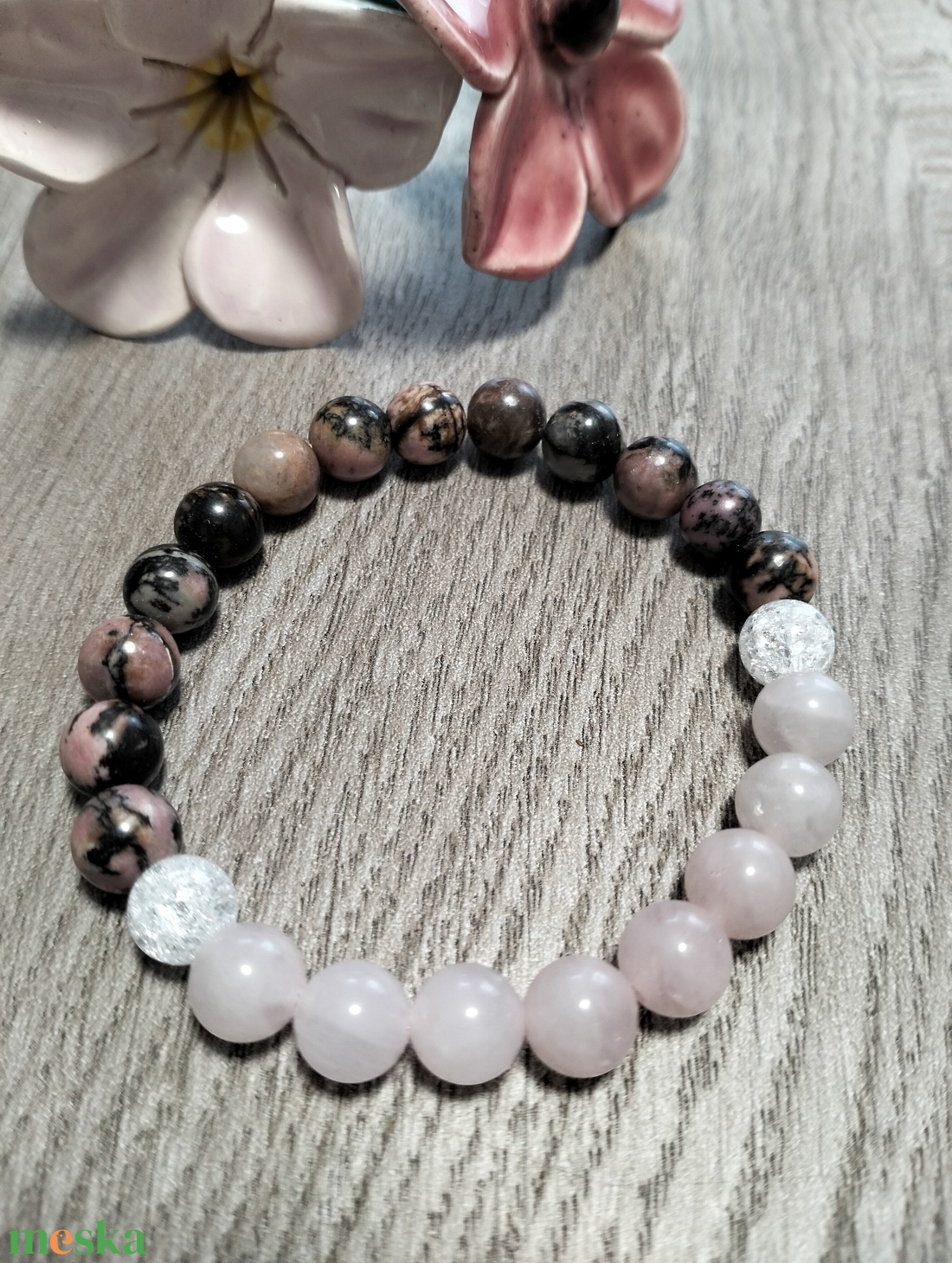 Női Ásványkarkötő - Rózsakvarc + Roppantott hegyikristály + Rodonit - ékszer - karkötő - ásványkarkötő - Meska.hu