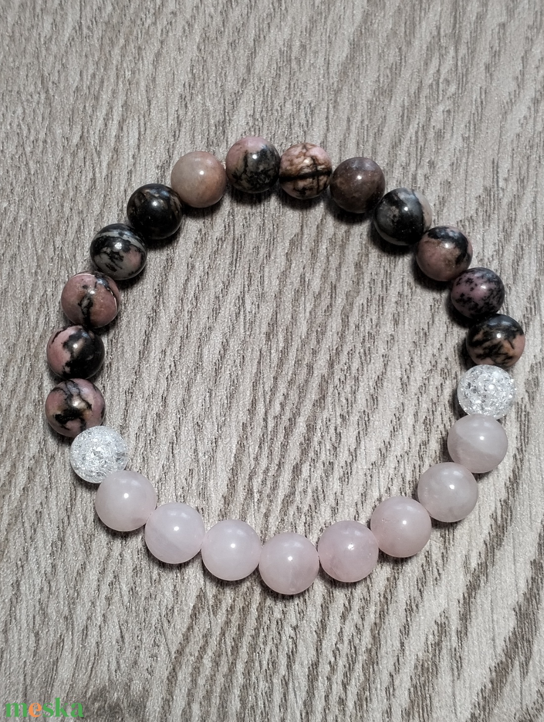 Női Ásványkarkötő - Rózsakvarc + Roppantott hegyikristály + Rodonit - ékszer - karkötő - ásványkarkötő - Meska.hu