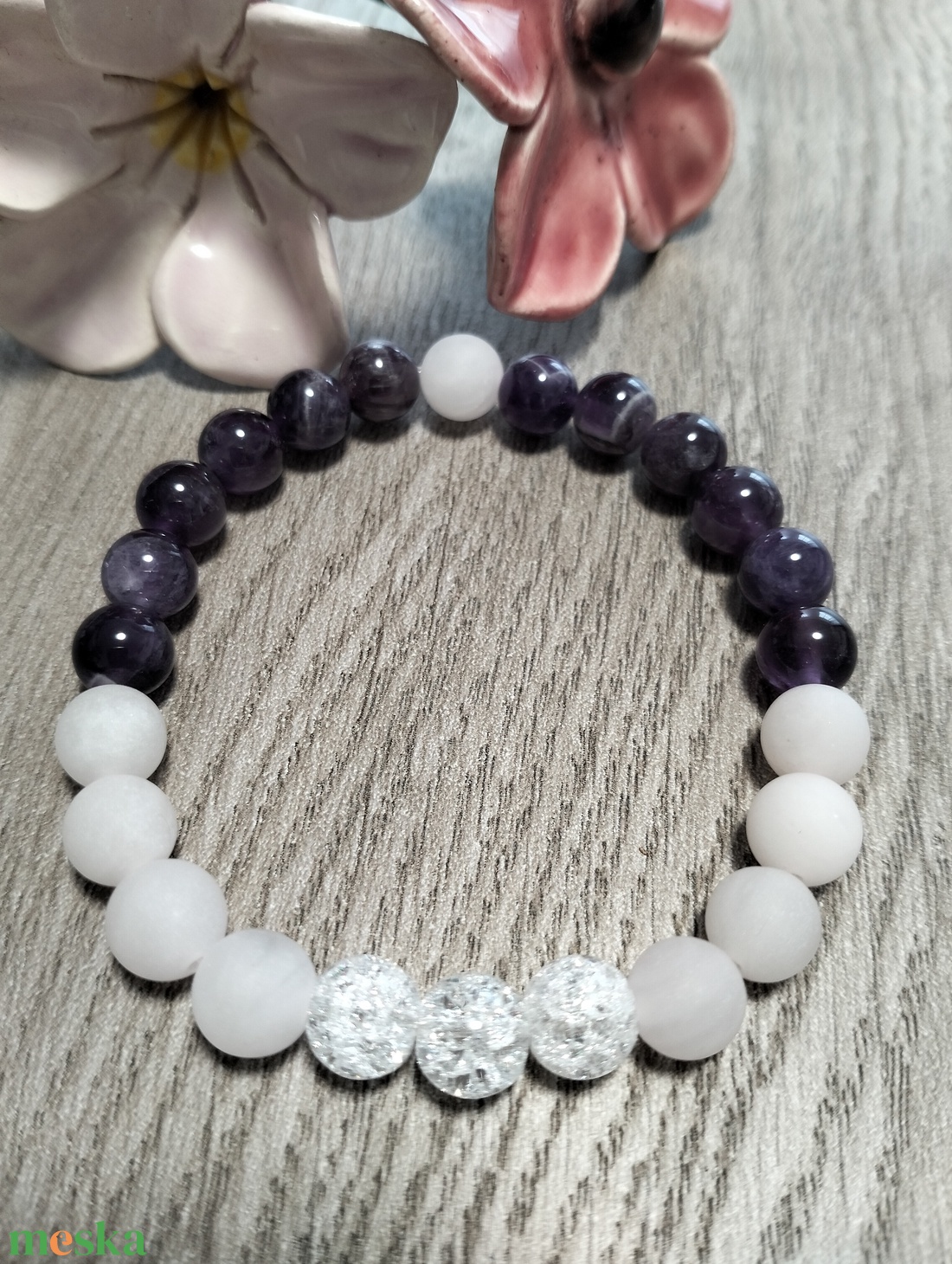 Női Ásványkarkötő - Roppantott hegyikristály + Rózsakvarc + Ametiszt - ékszer - karkötő - ásványkarkötő - Meska.hu