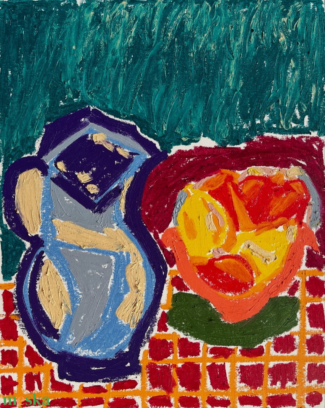 Kancsó abroszon gyümölcsös tállal - művészet - festmény - pasztell - Meska.hu