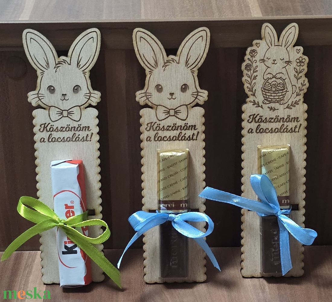 Nyuszis húsvéti köszönőajándék, kinder, merci - ünnepi díszek, dekorációk - húsvéti díszek és dekorációk - húsvéti asztaldíszek - Meska.hu