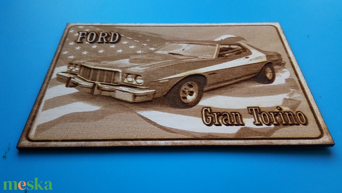 FORD Gran Torino (zászló háttérrel), amerikai autós találkozó résztvevőknek. Veterán őrülteknek. Fém tábla hangulattal. - otthon & életmód - dekoráció - kép & falikép - fából készült kép - Meska.hu