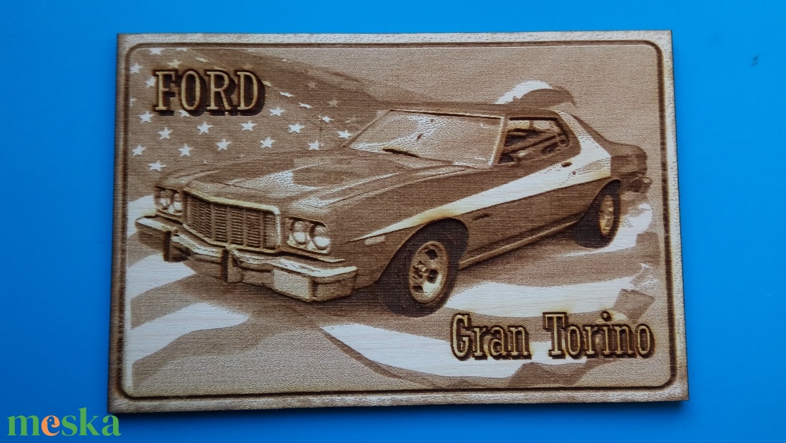 FORD Gran Torino (zászló háttérrel), amerikai autós találkozó résztvevőknek. Veterán őrülteknek. Fém tábla hangulattal. - otthon & életmód - dekoráció - kép & falikép - fából készült kép - Meska.hu