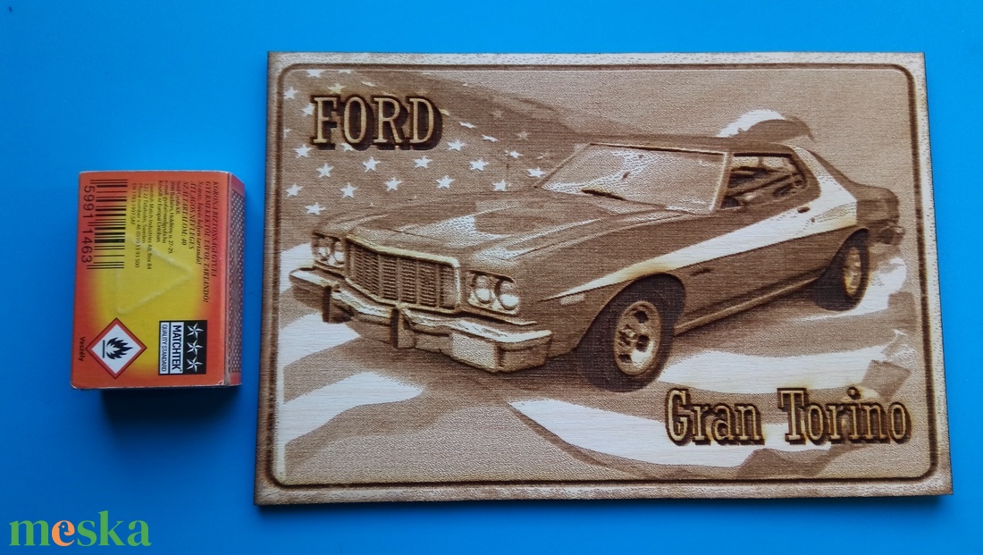 FORD Gran Torino (zászló háttérrel), amerikai autós találkozó résztvevőknek. Veterán őrülteknek. Fém tábla hangulattal. - otthon & életmód - dekoráció - kép & falikép - fából készült kép - Meska.hu