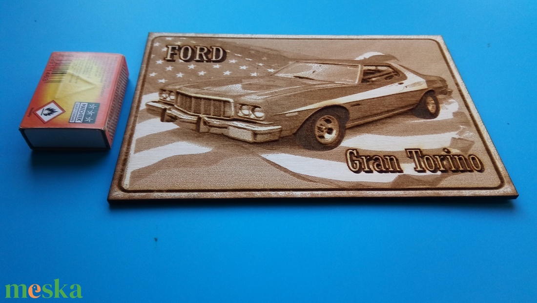 FORD Gran Torino (zászló háttérrel), amerikai autós találkozó résztvevőknek. Veterán őrülteknek. Fém tábla hangulattal. - otthon & életmód - dekoráció - kép & falikép - fából készült kép - Meska.hu