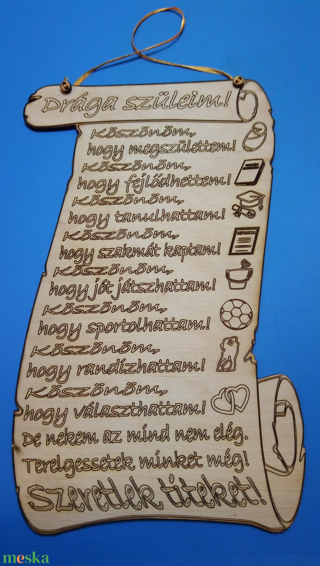 Szülőköszöntő pergamen. Esküvői ajándék falitábla, nyírfából. Apának, anyának szeretettel adható, emléktábla.  - esküvő - emlék & ajándék - szülőköszöntő ajándék - Meska.hu