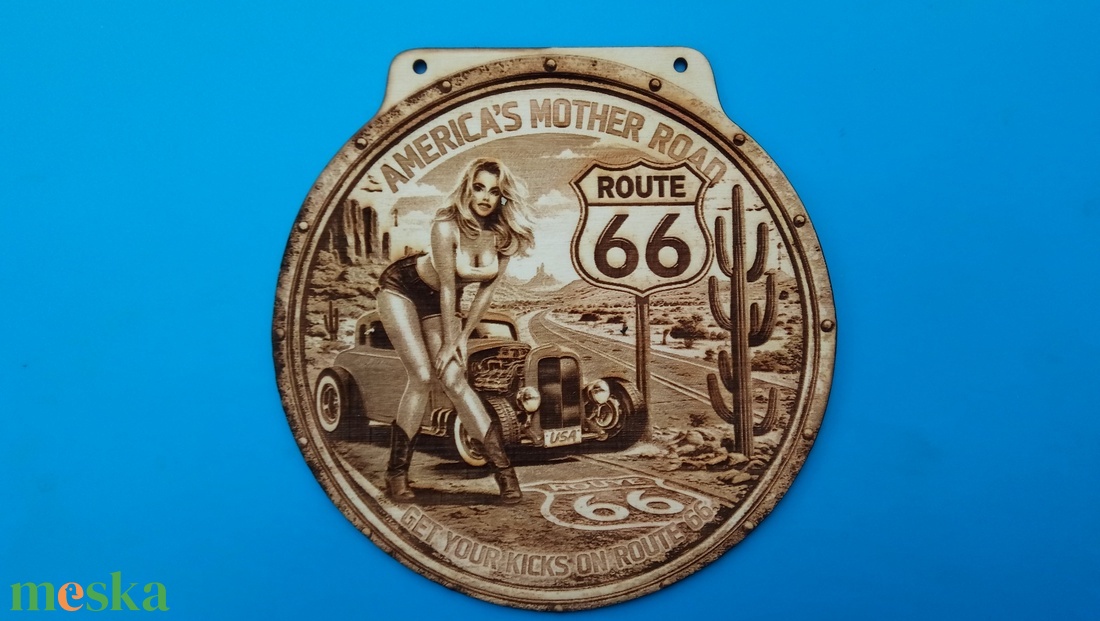 USA vastábla hangulatú gravírozott tábla, falikép, garázsba, nappaliba, műhelybe. ROUTE 66 csajos - otthon & életmód - dekoráció - kép & falikép - fából készült kép - Meska.hu