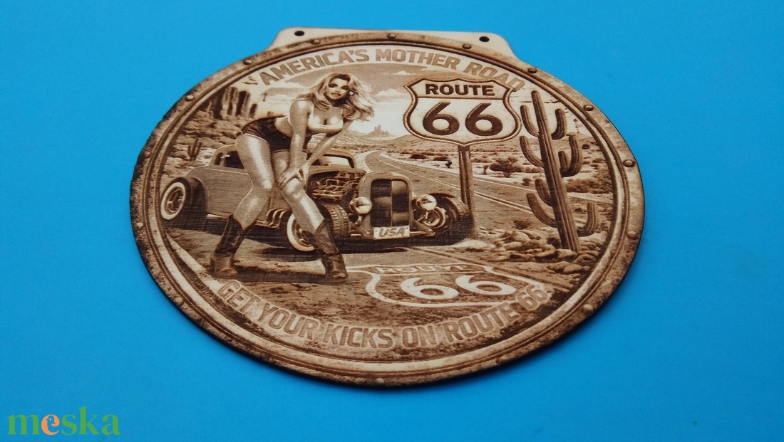 USA vastábla hangulatú gravírozott tábla, falikép, garázsba, nappaliba, műhelybe. ROUTE 66 csajos - otthon & életmód - dekoráció - kép & falikép - fából készült kép - Meska.hu