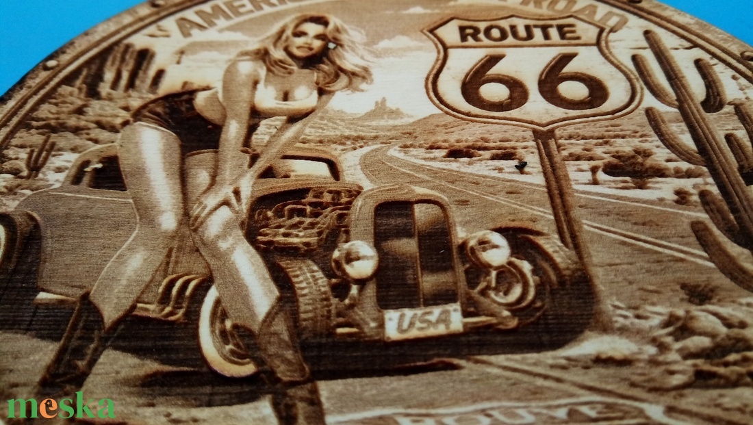 USA vastábla hangulatú gravírozott tábla, falikép, garázsba, nappaliba, műhelybe. ROUTE 66 csajos - otthon & életmód - dekoráció - kép & falikép - fából készült kép - Meska.hu