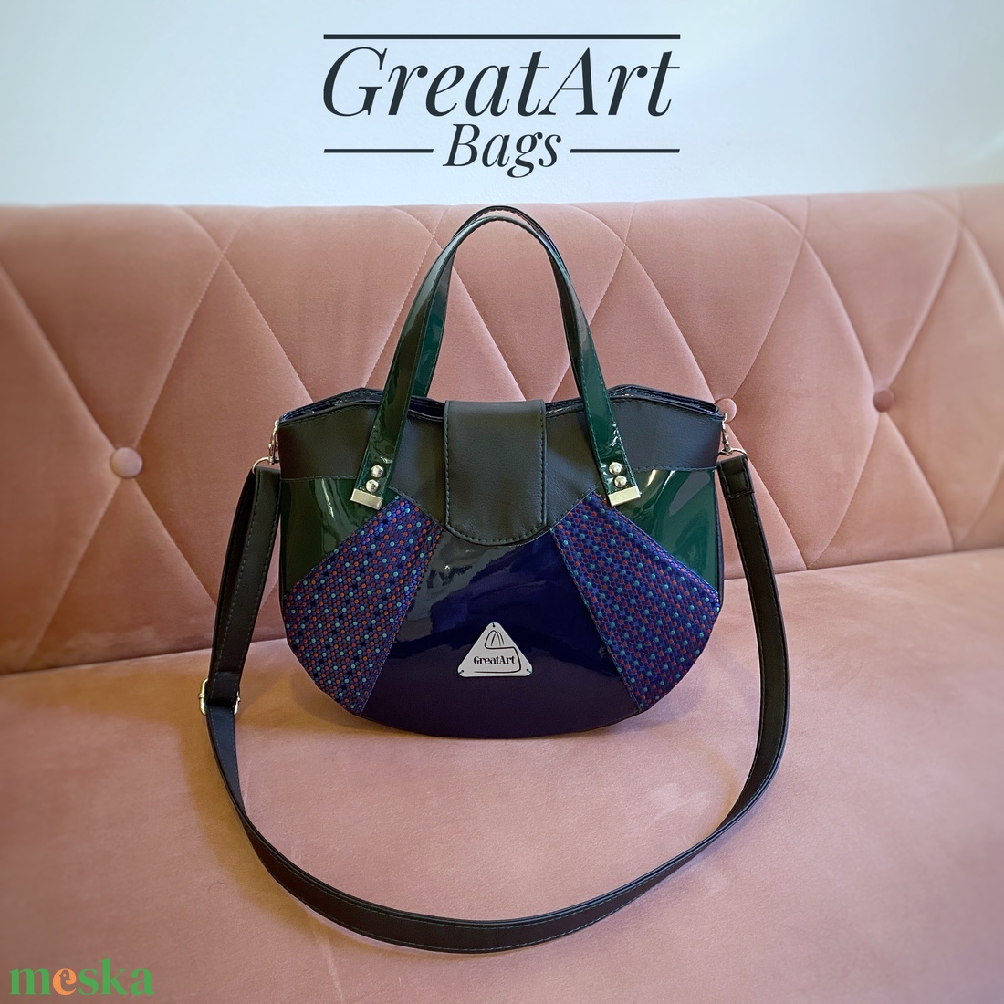 Designer válltáska - sötétkék sötétzöld pöttyös crossbody - táska & tok - kézitáska & válltáska - vállon átvethető táska - Meska.hu