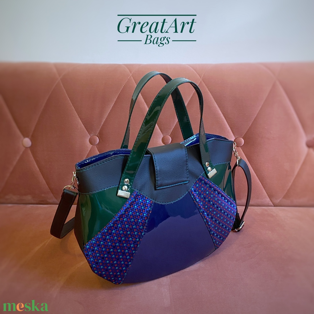 Designer válltáska - sötétkék sötétzöld pöttyös crossbody - táska & tok - kézitáska & válltáska - vállon átvethető táska - Meska.hu