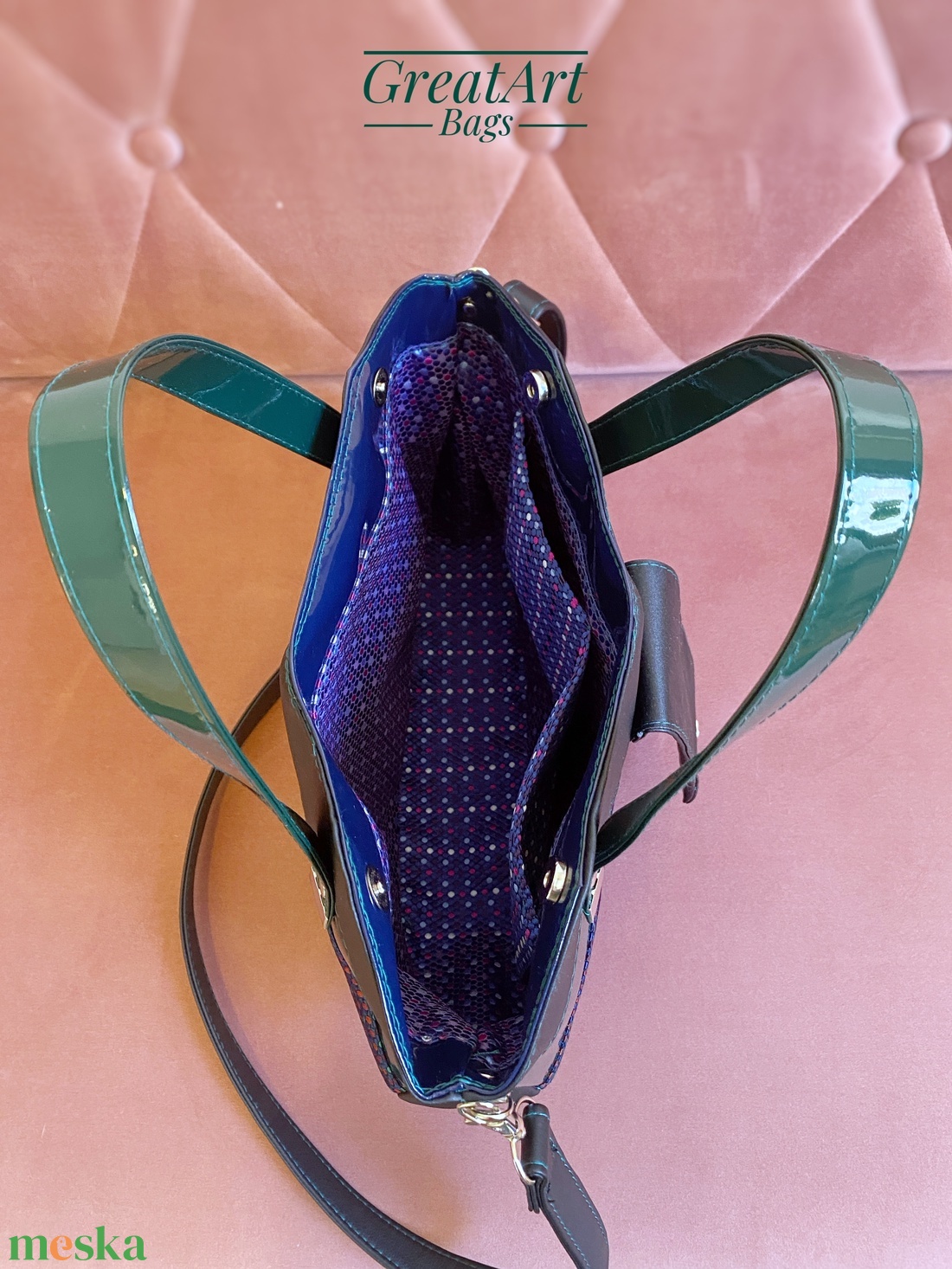 Designer válltáska - sötétkék sötétzöld pöttyös crossbody - táska & tok - kézitáska & válltáska - vállon átvethető táska - Meska.hu