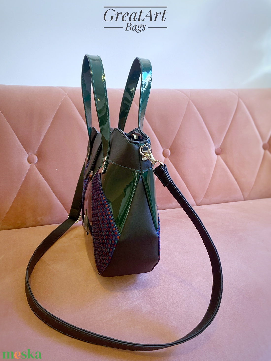 Designer válltáska - sötétkék sötétzöld pöttyös crossbody - táska & tok - kézitáska & válltáska - vállon átvethető táska - Meska.hu