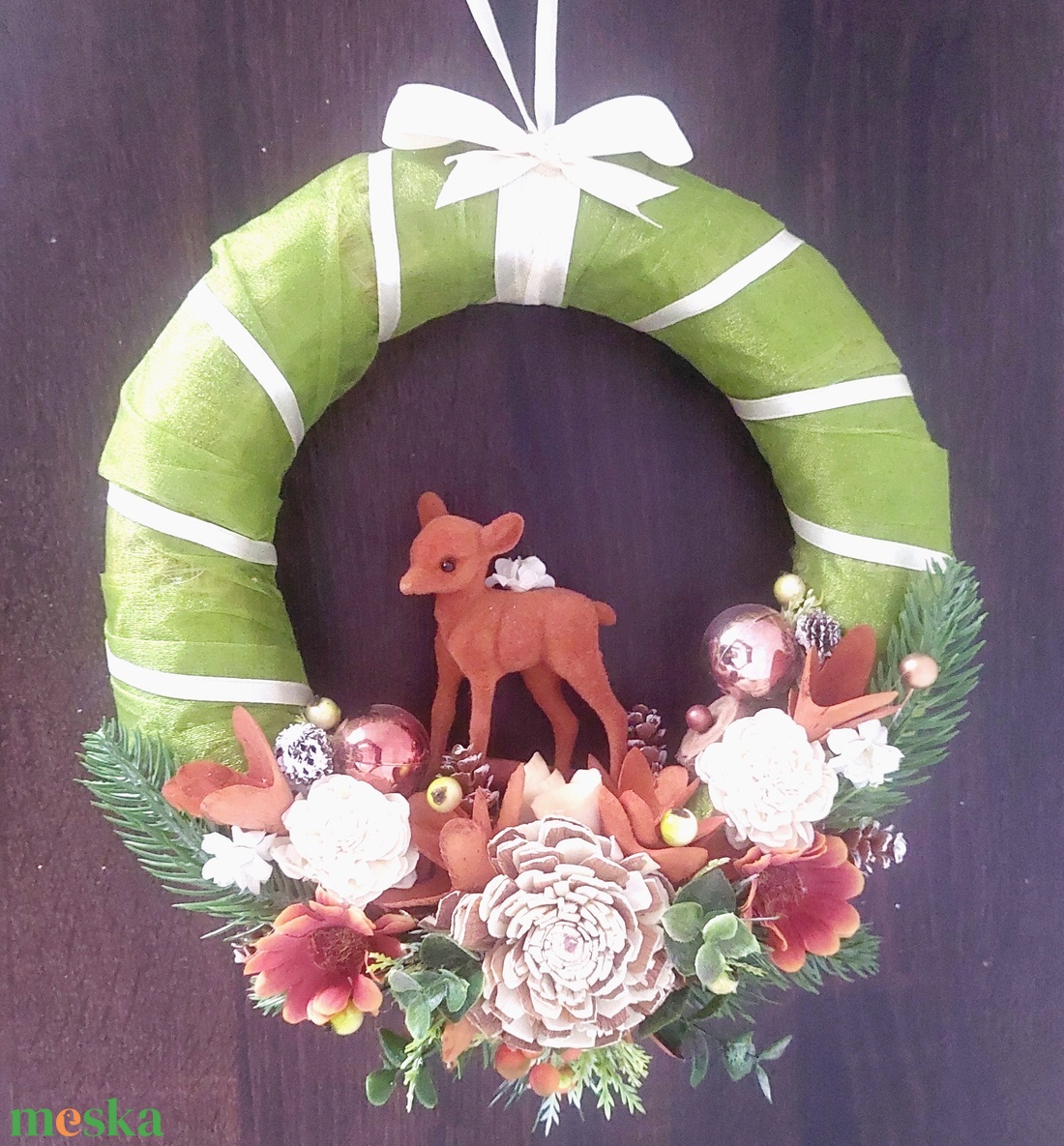 Natúr színvilágú ,ünnepi ,őzikés ajtódísz ! - karácsony - adventi díszek - adventi ajtódísz - Meska.hu