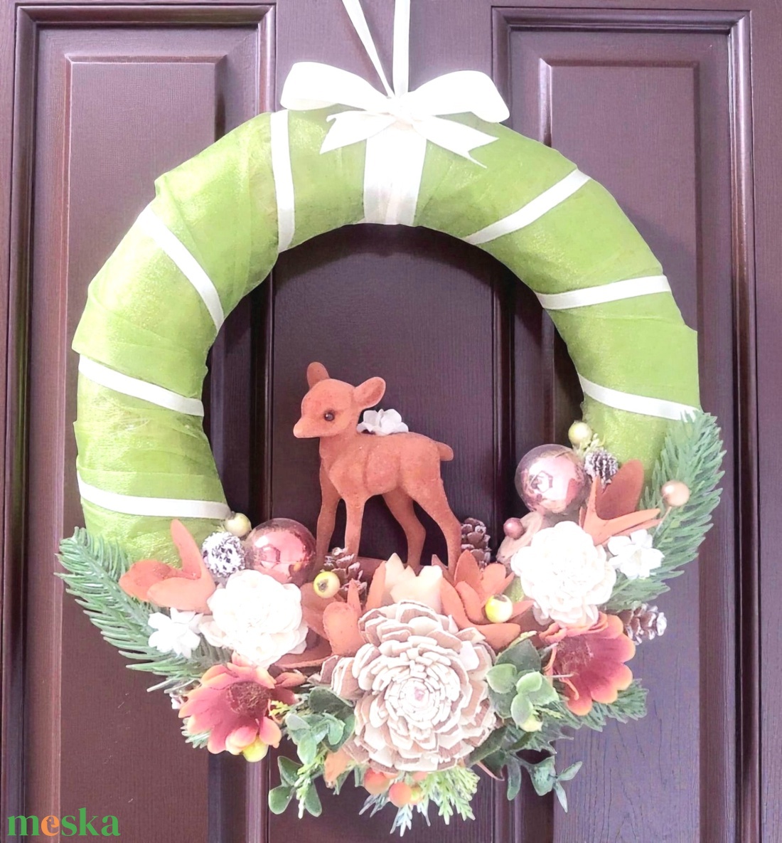 Natúr színvilágú ,ünnepi ,őzikés ajtódísz ! - karácsony - adventi díszek - adventi ajtódísz - Meska.hu