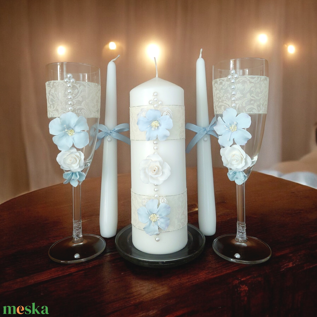Egyedi ,gyertyás esküvői szett ...  agyagvirágokkal díszítve ! - esküvő - esküvői szett - Meska.hu