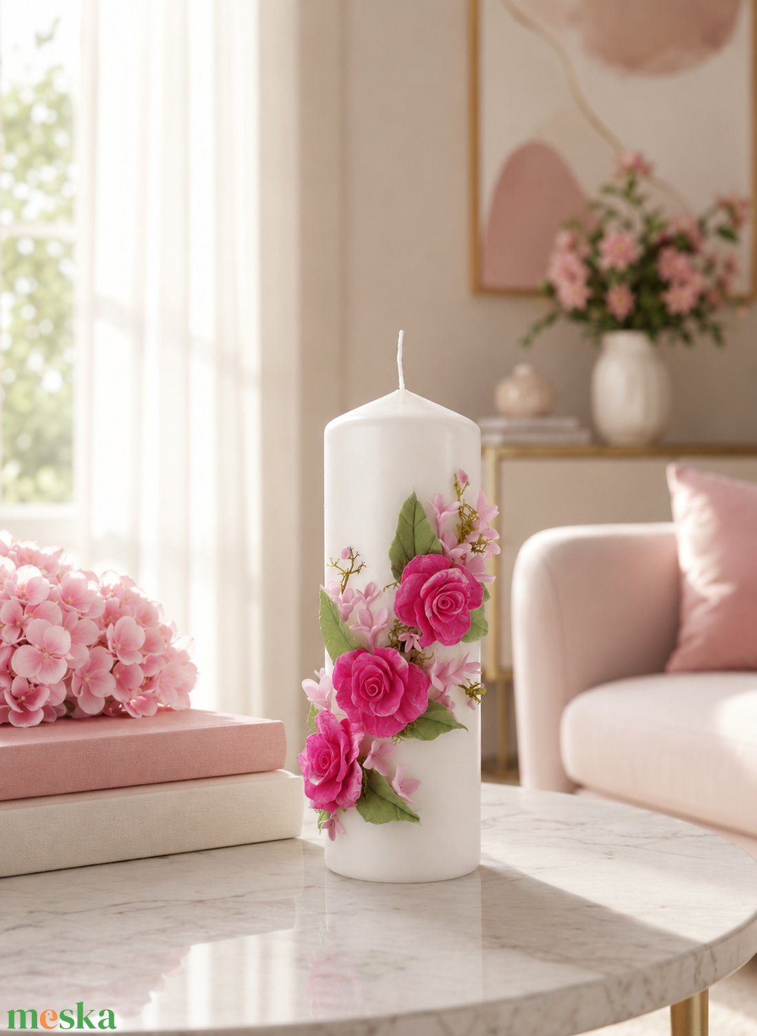 Pink agyagvirágok tánca fehér dekorgyertyán - otthon & életmód - gyertya, illat, aroma - gyertya - Meska.hu