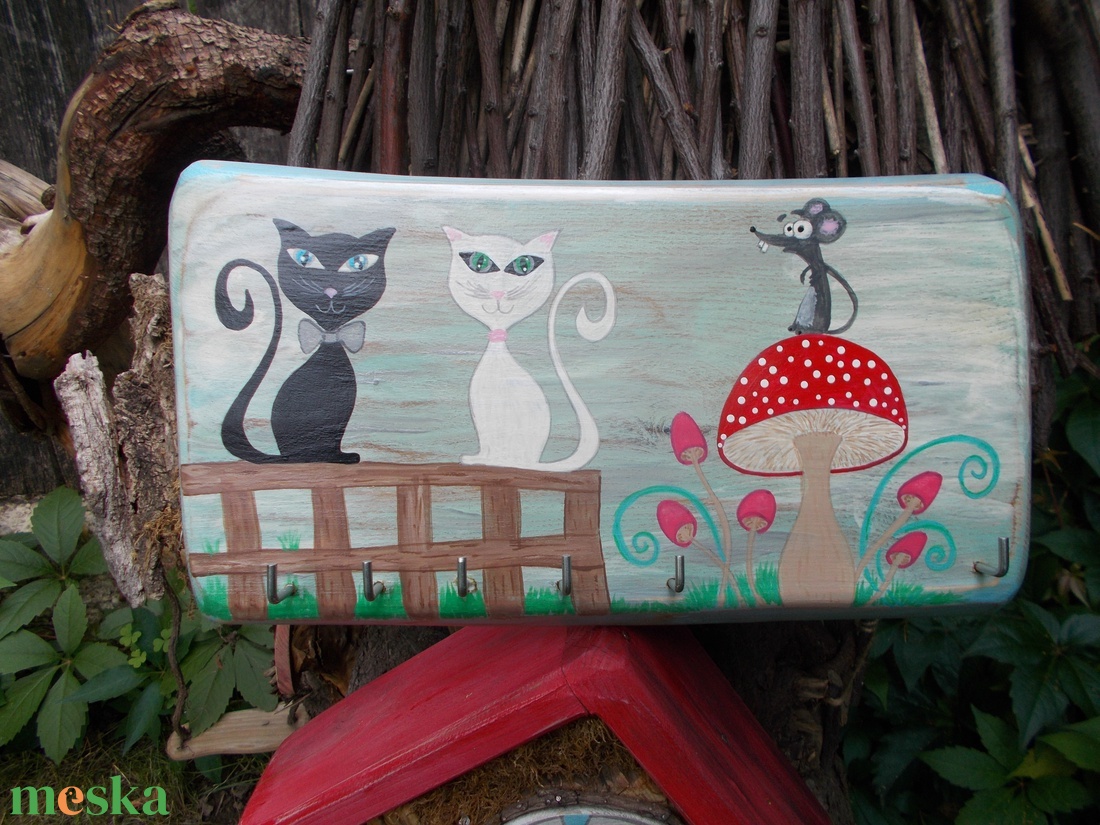 Fali kulcstartó fogas macska - otthon & életmód - dekoráció - fali és függő dekoráció - fali kulcstartó - Meska.hu