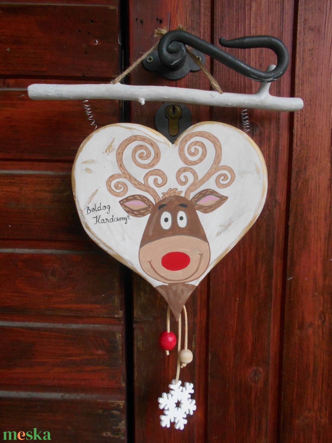 Szarvas szívben kopogtató Boldog Karácsonyt felirattal - karácsony - adventi díszek - adventi ajtódísz - Meska.hu