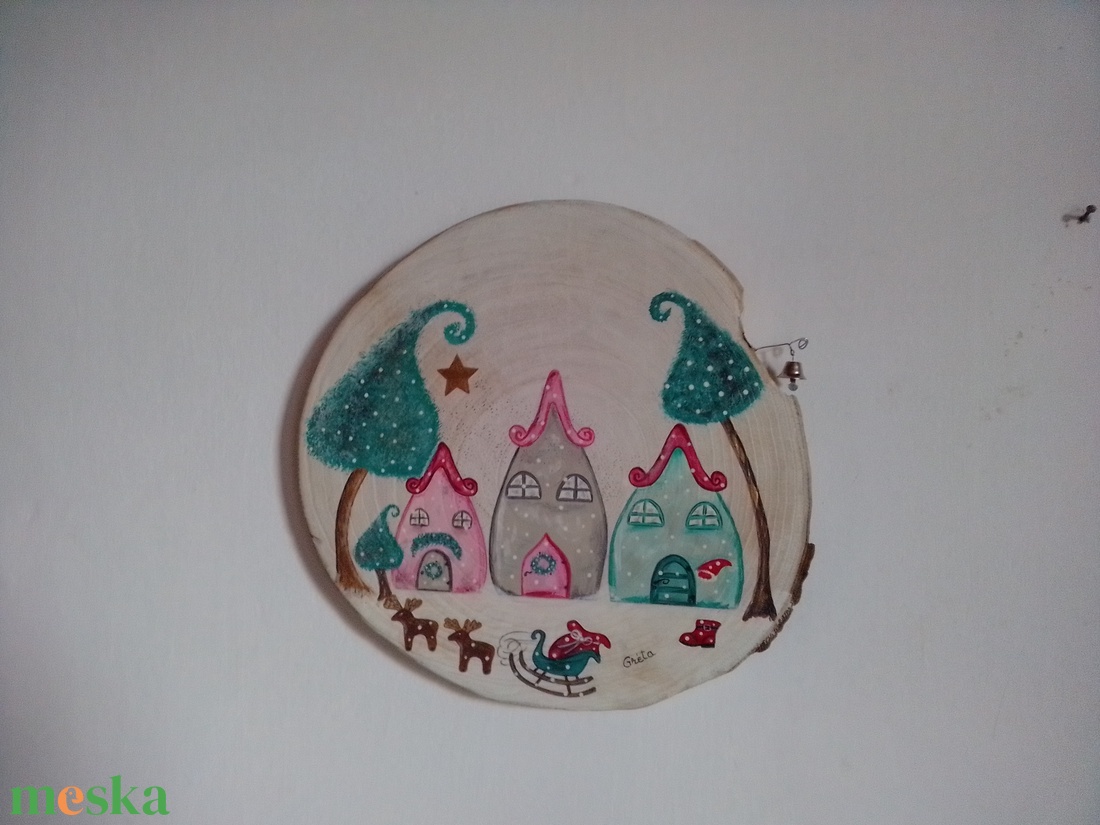 Karácsonyi falu haranggal falapra festve kopogtató - otthon & életmód - dekoráció - ajtó- és ablak dekoráció - ajtódísz & kopogtató - Meska.hu