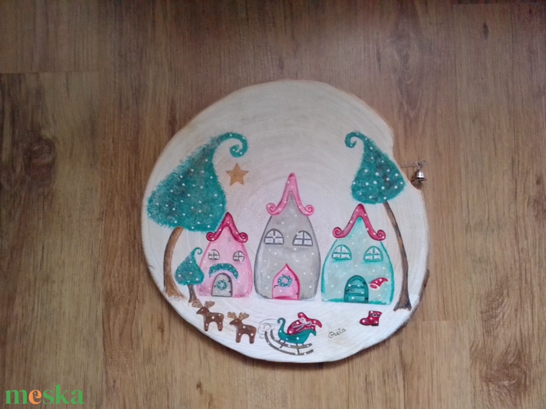 Karácsonyi falu haranggal falapra festve kopogtató - otthon & életmód - dekoráció - ajtó- és ablak dekoráció - ajtódísz & kopogtató - Meska.hu