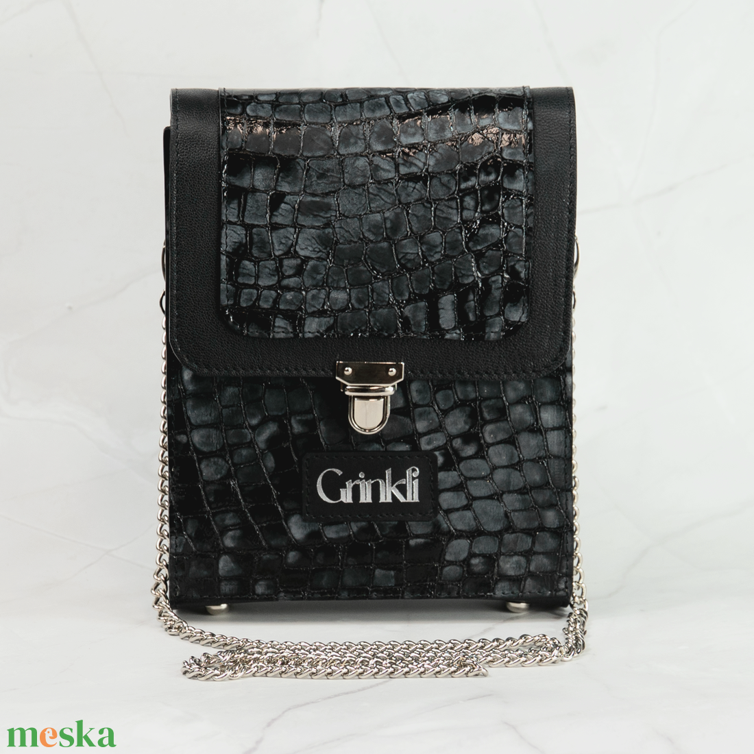 Grinkli VILARI Fekete krokó táska - táska & tok - kézitáska & válltáska - alkalmi táska - Meska.hu