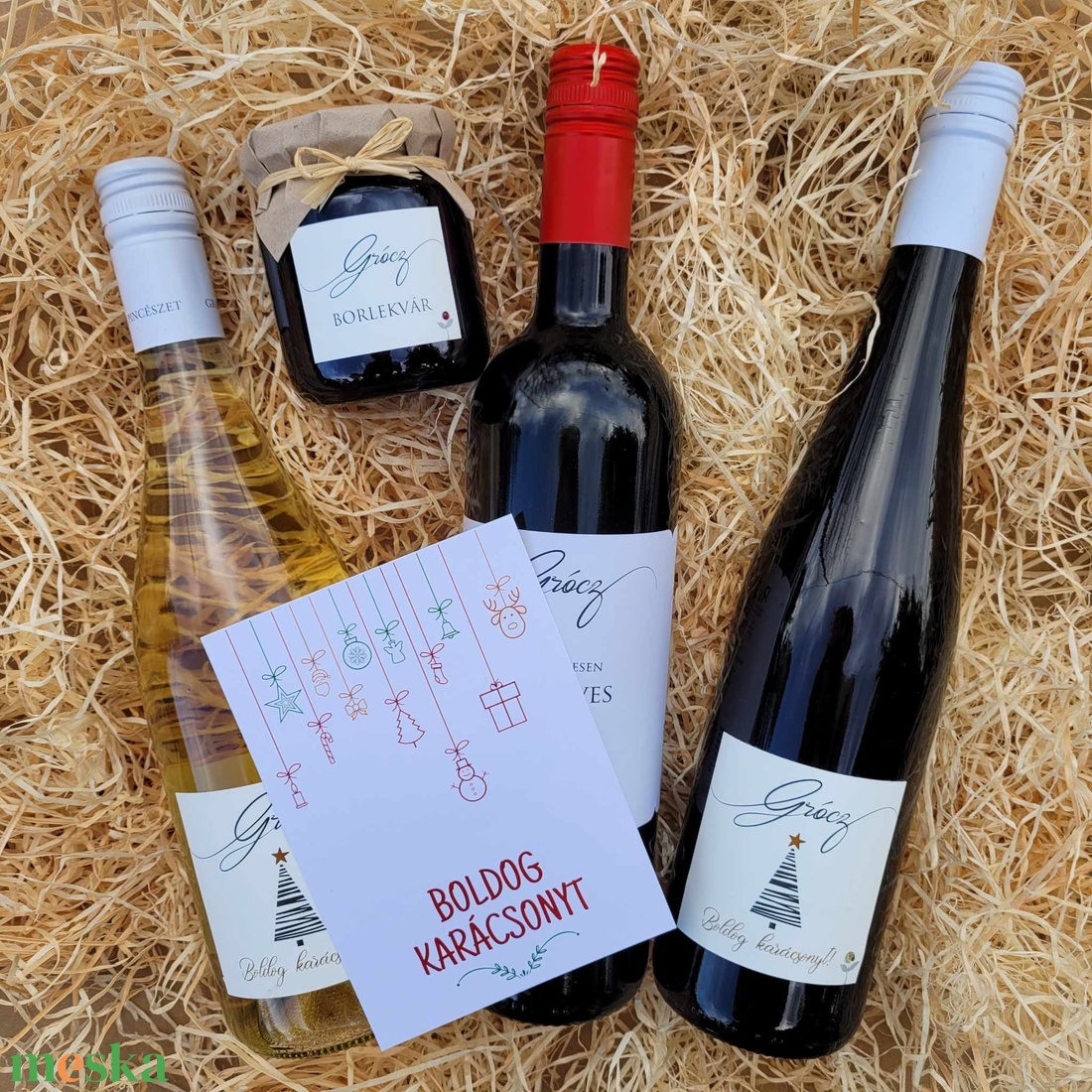 Karácsonyi ajándékcsomag ünnepi címkével - borválogatás hölgyeknek - élelmiszer - alkoholos italok - Meska.hu