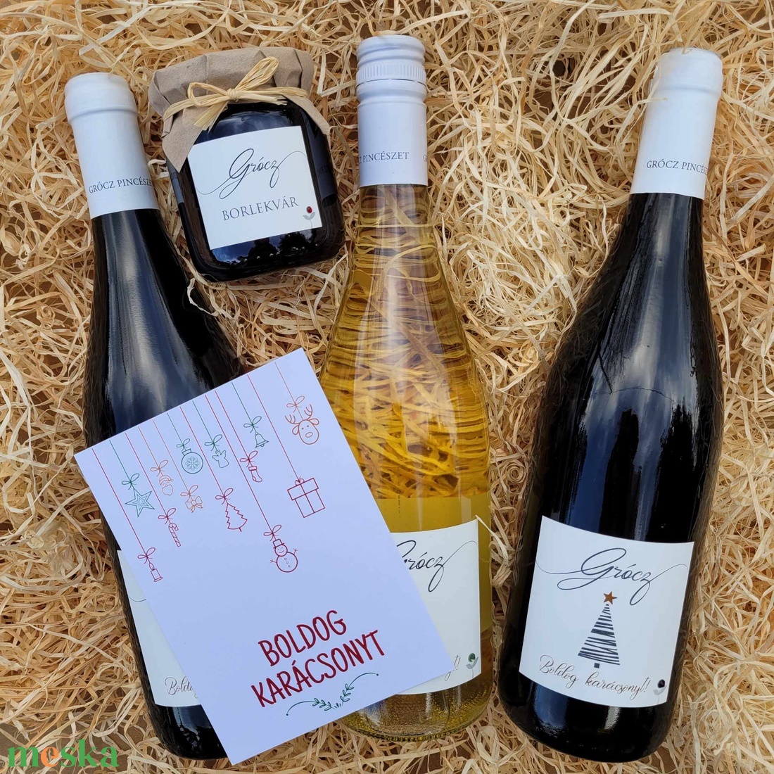 Karácsonyi ajándékcsomag ünnepi címkével - borválogatás férfiaknak - élelmiszer - alkoholos italok - Meska.hu