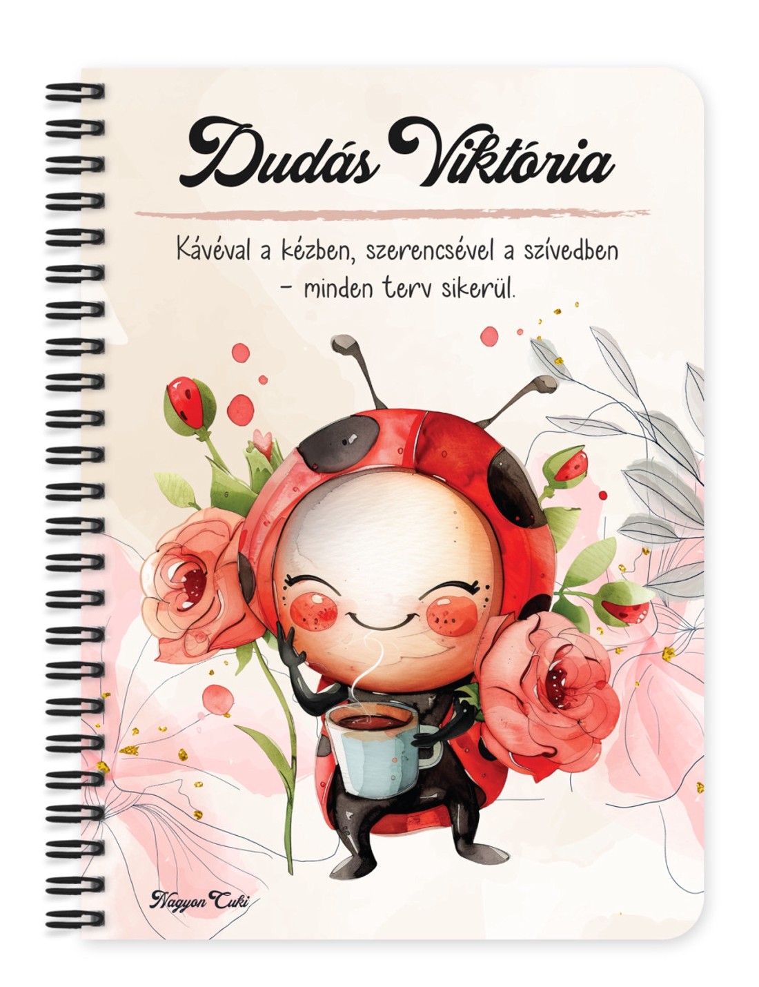 Személyre szabható - Cuki kávézós katica mintás A5-ös füzet - otthon & életmód - papír, írószer - jegyzetfüzet & napló - Meska.hu