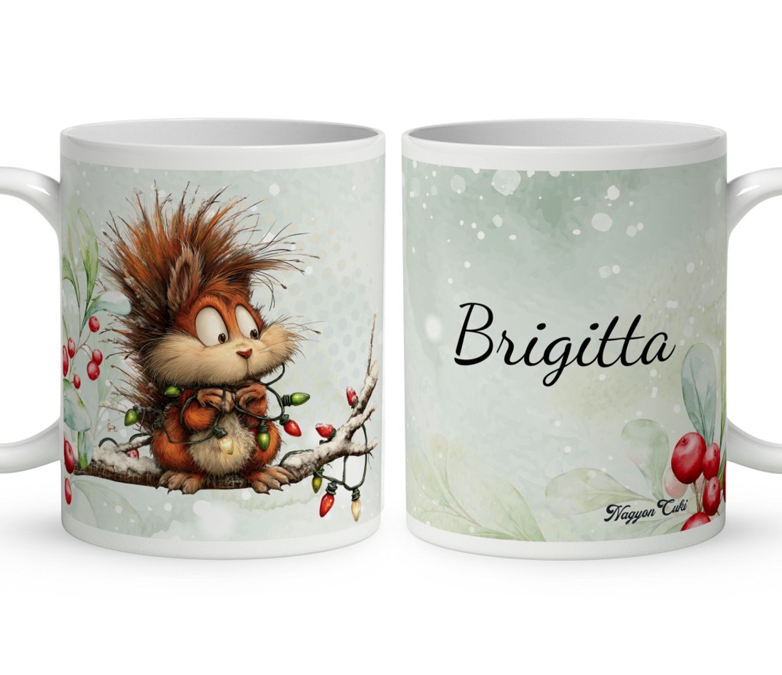 Névvel kérhető - Cuki karácsonyi mókus és az égősor mintás bögre - otthon & életmód - konyhafelszerelés, tálalás - tálalás - bögre & csésze - Meska.hu