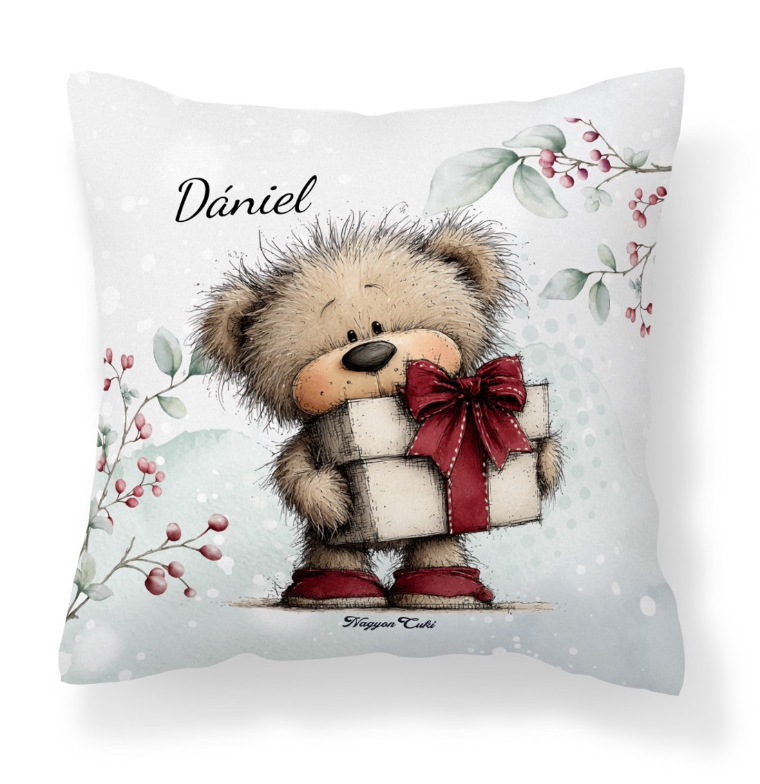 Névvel kérhető - Cuki téli maci ajándékkal mintás párna - otthon & életmód - lakástextil - párna & párnahuzat - díszpárna (belsővel együtt) - Meska.hu