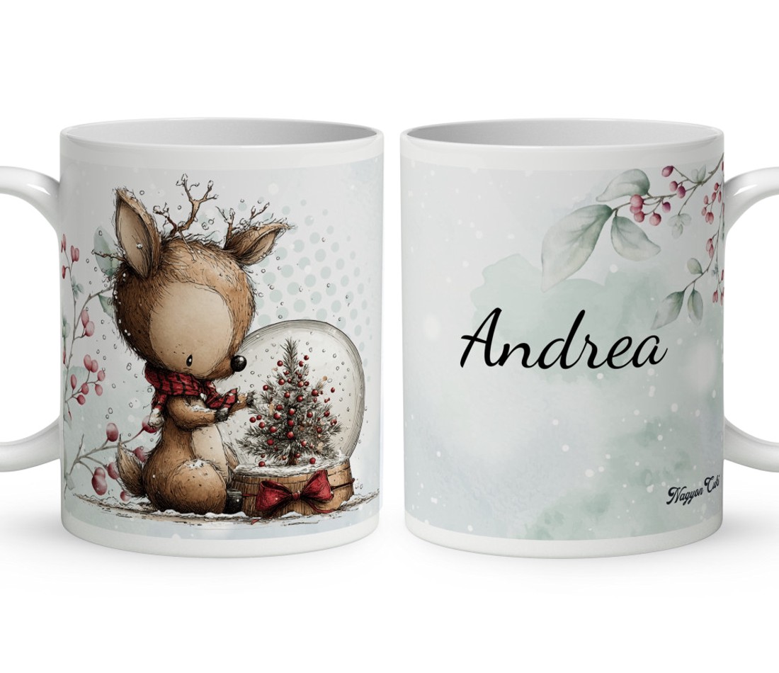 Névvel kérhető - Cuki téli őzike hógömbbel mintás bögre - otthon & életmód - konyhafelszerelés, tálalás - tálalás - bögre & csésze - Meska.hu