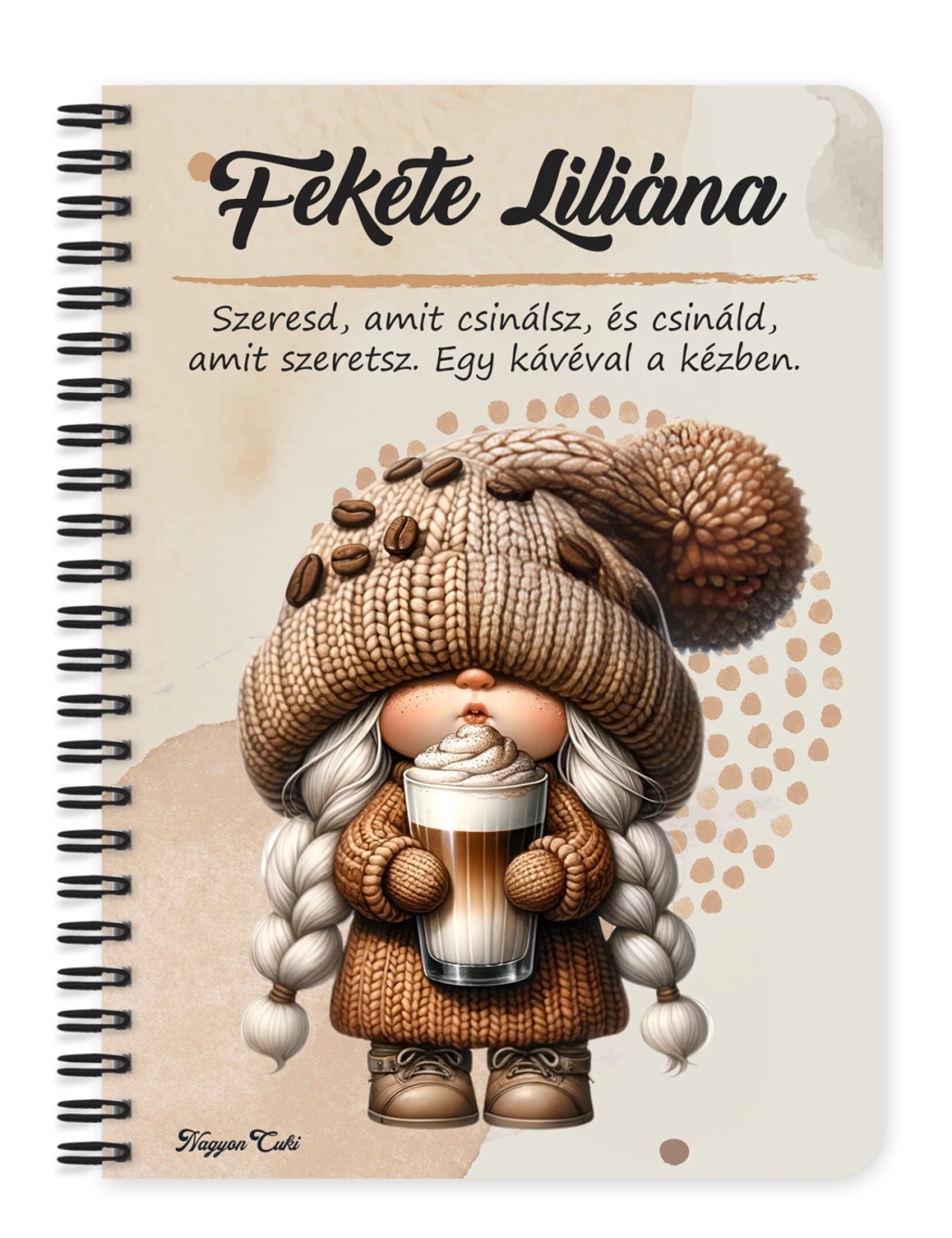 Személyre szabható - Cappucino kávés manó lány mintás A5-ös füzet - otthon & életmód - papír, írószer - jegyzetfüzet & napló - Meska.hu