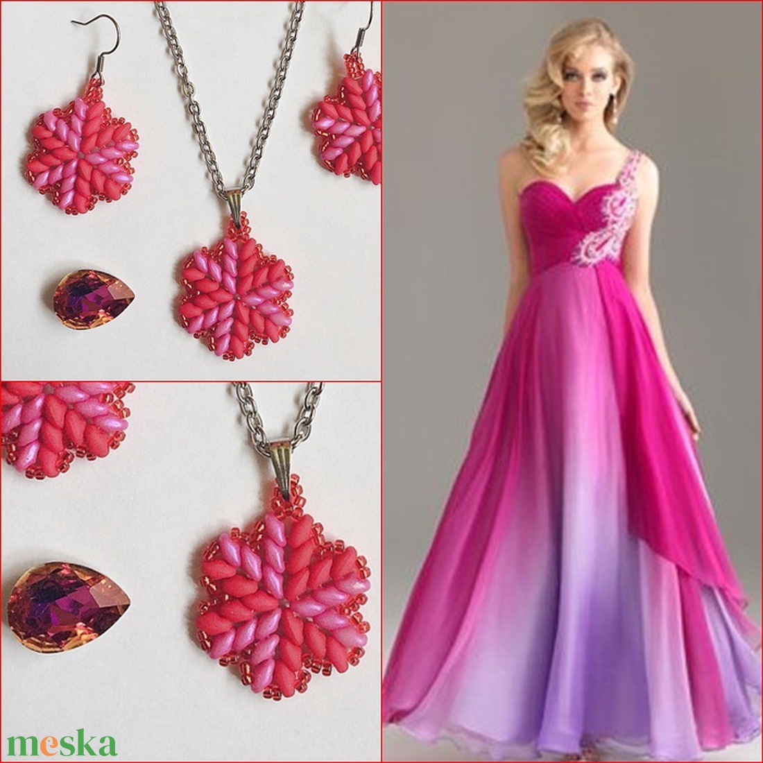 Pink-piros gyöngy fűzött ékszer szett nyaklánc + fülbevaló medál - ékszer - ékszerszett - Meska.hu Pink-piros gyöngy fűzött ékszer szett nyaklánc + fülbevaló medál - ékszer - ékszerszett - Meska.hu